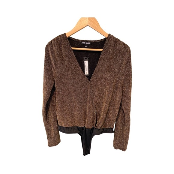 Steve Madden Metallic Knit Long Sleeve Gold Bodysuit NWT Size L - Picture 4 of 13
